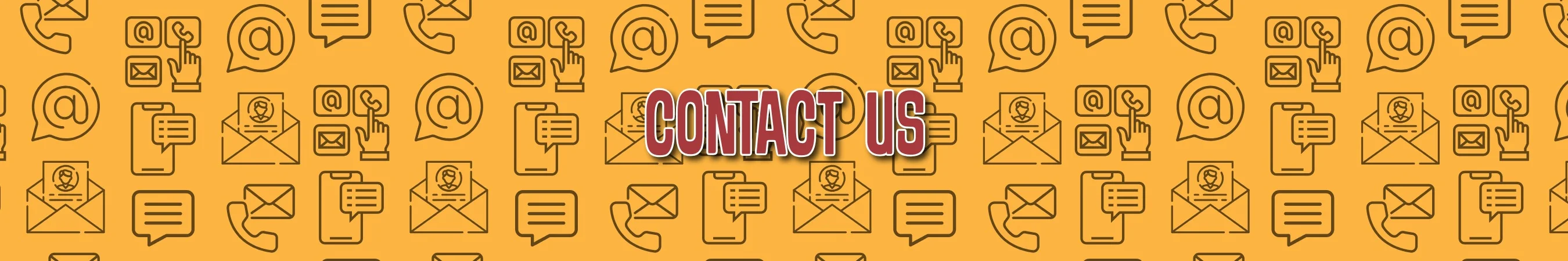 Contact Us section with various communication icons on a yellow background.