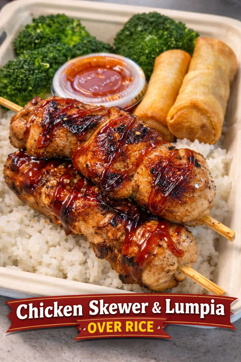 A meal featuring chicken skewers glazed with sauce, served over rice alongside lumpia and steamed broccoli.