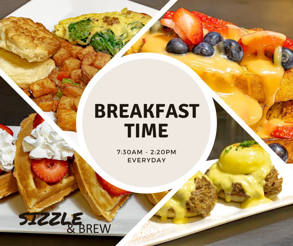 Delicious breakfast spread featuring waffles and eggs benedict