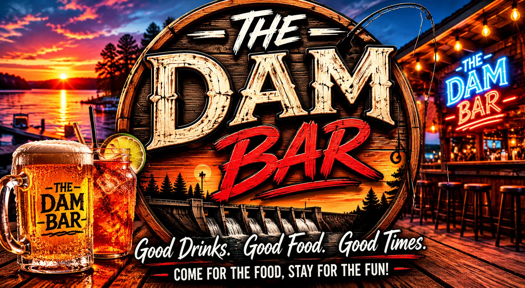 Vibrant bar scene at sunset with drinks and rustic decor