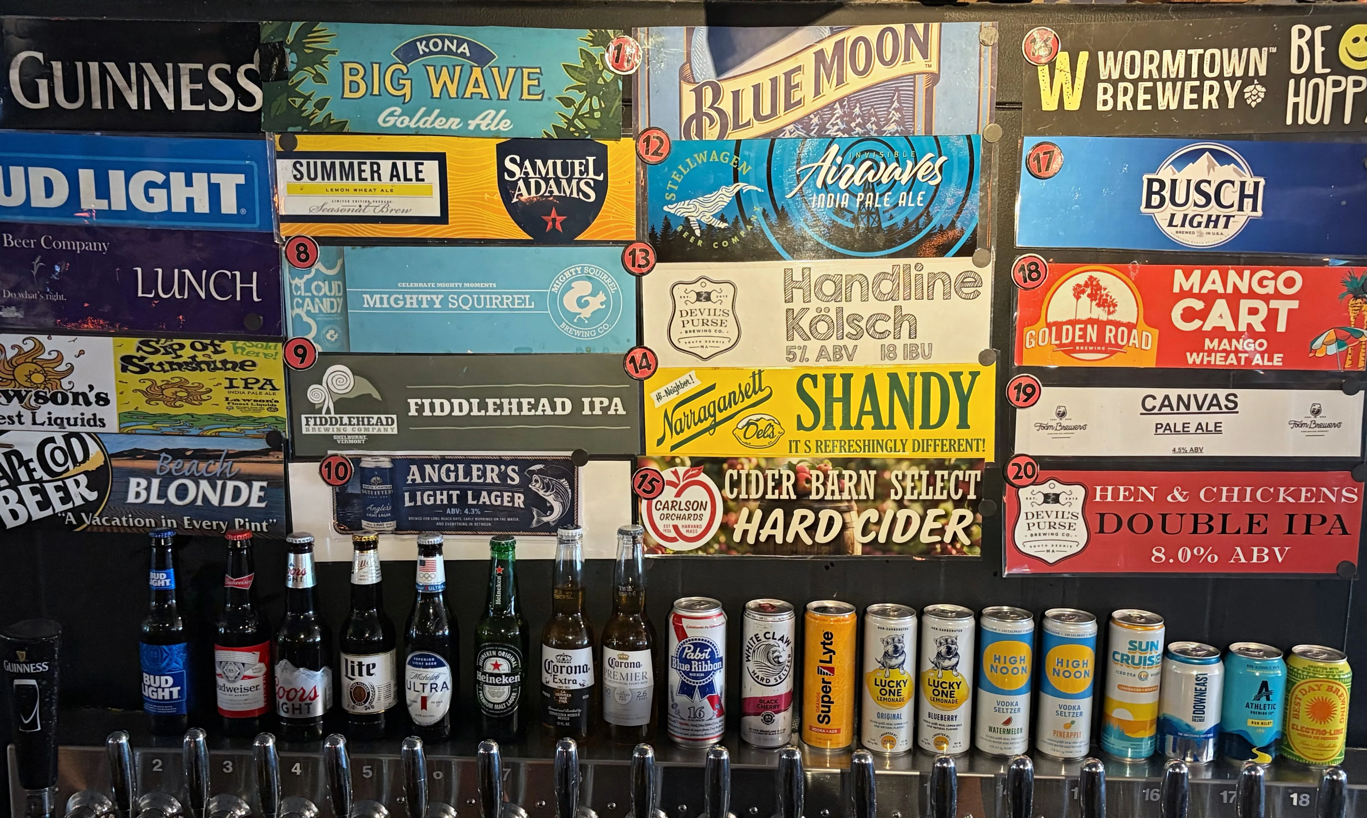 Variety of craft beers on tap at a lively bar