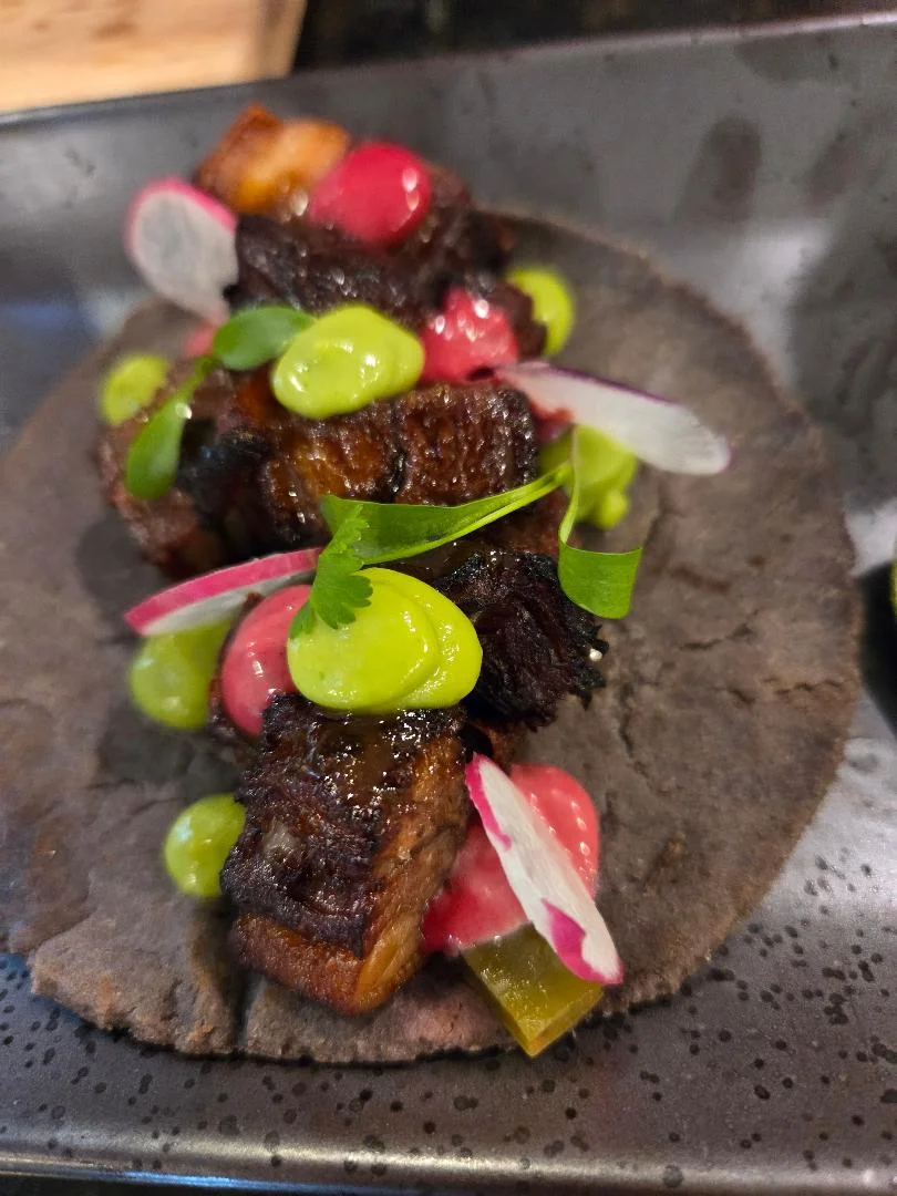 Gourmet taco with braised meat and vibrant sauces