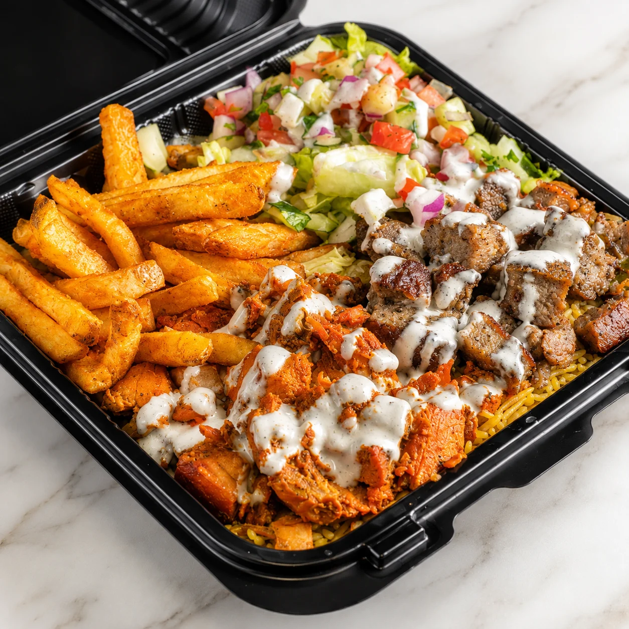 A mixed platter with seasoned meats over rice, accompanied by crispy fries and a colorful salad.