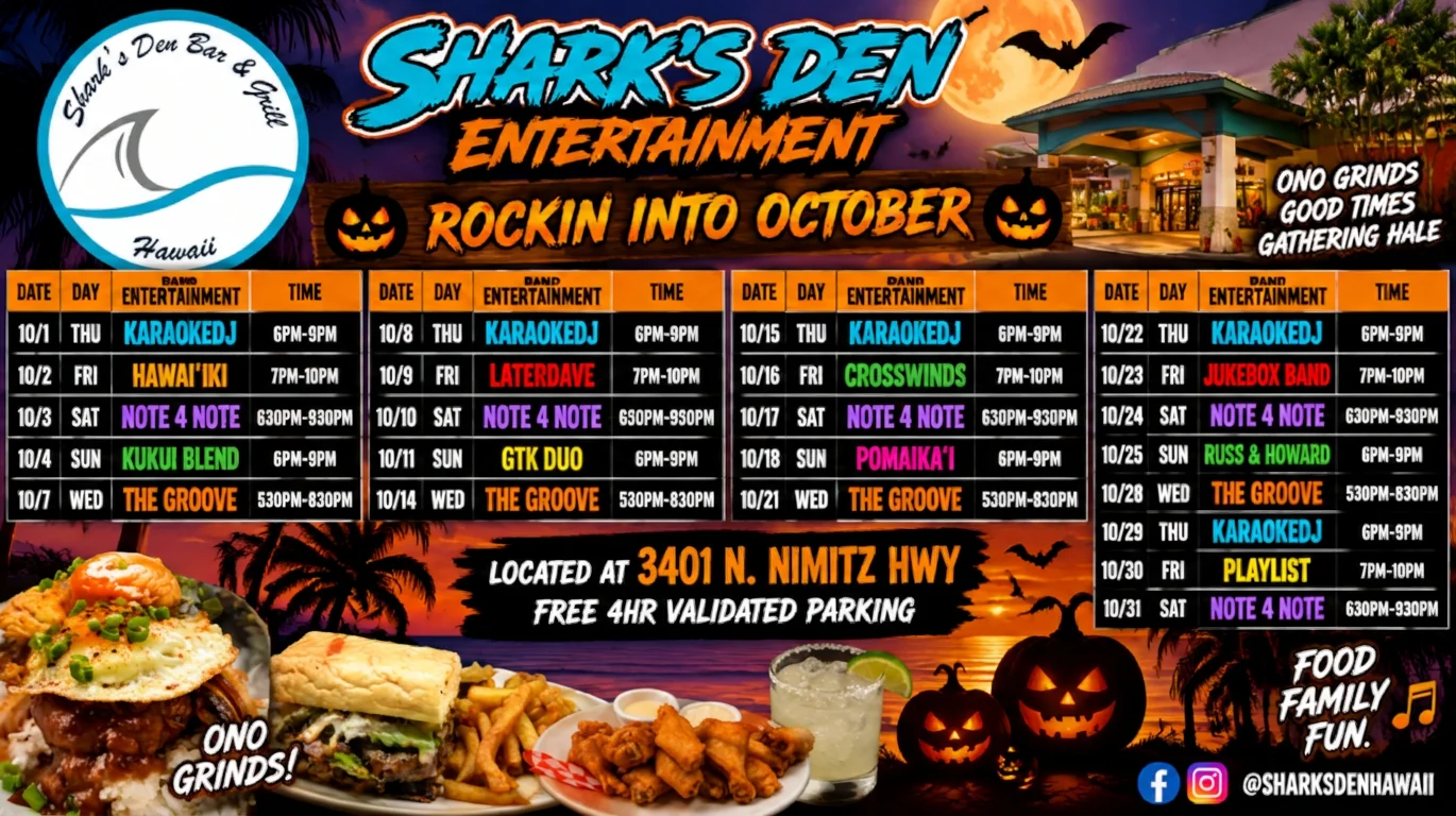 Shark's Den Halloween entertainment flyer with Hawaiian bar food and tropical restaurant scene