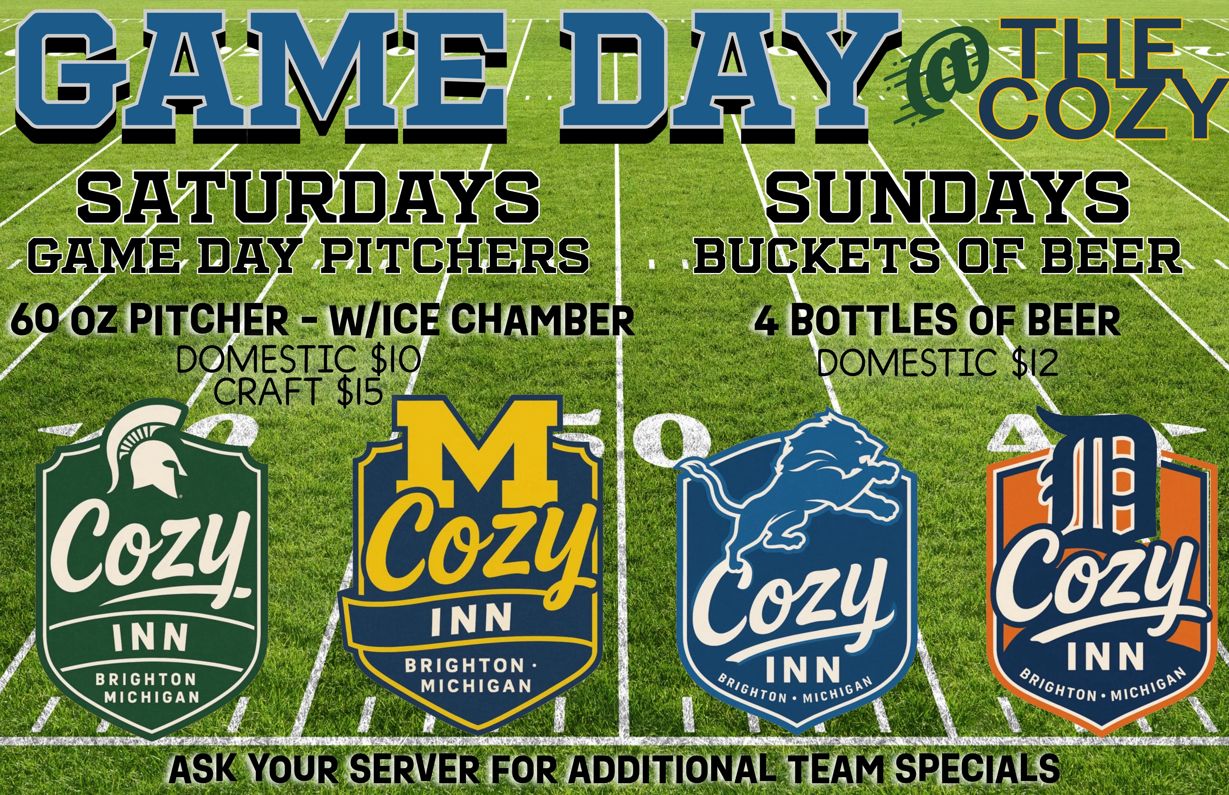 Promotional poster for game day specials at a cozy restaurant