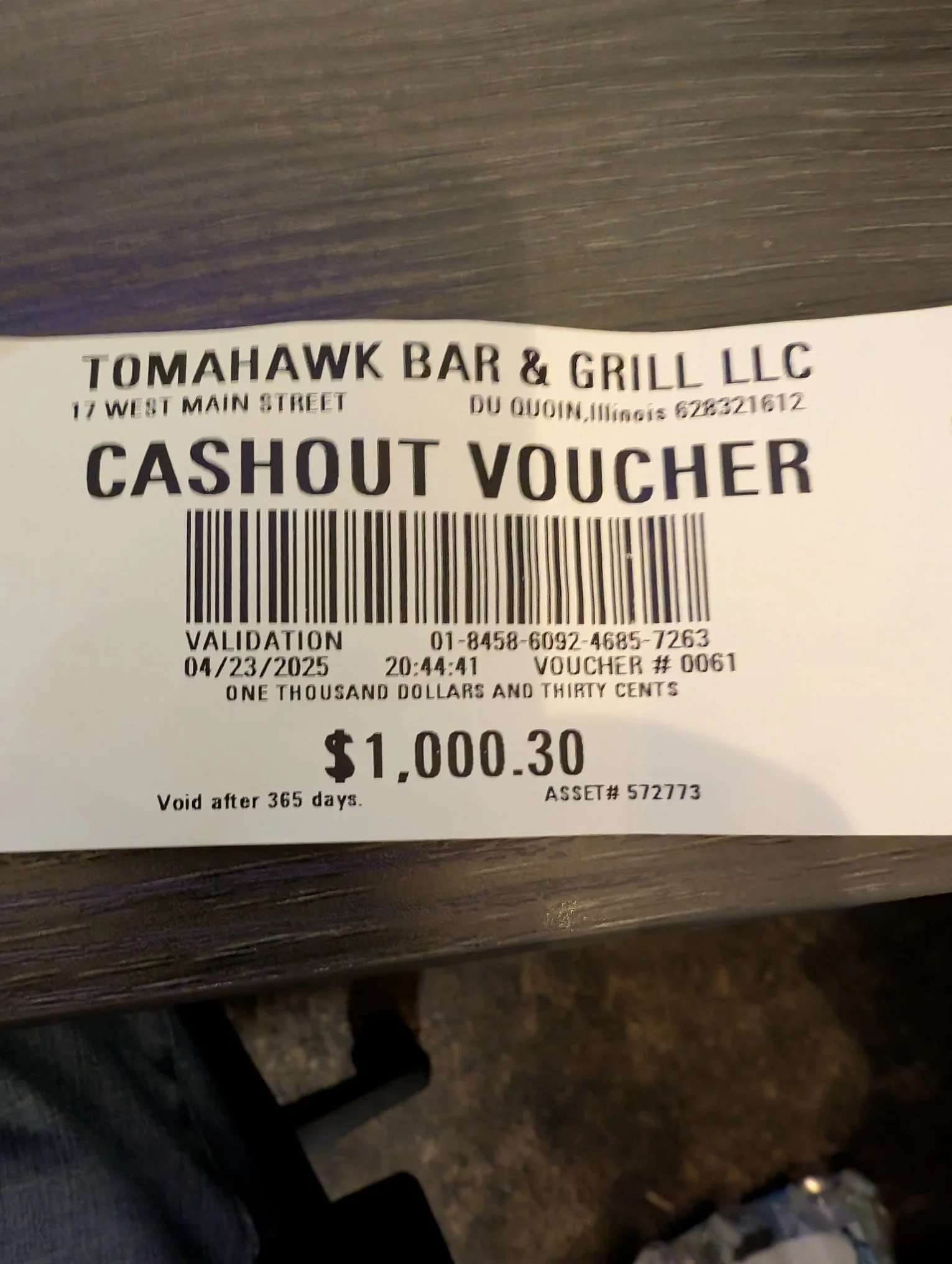 Cashout voucher from Tomahawk Bar & Grill in Du Quoin, Illinois