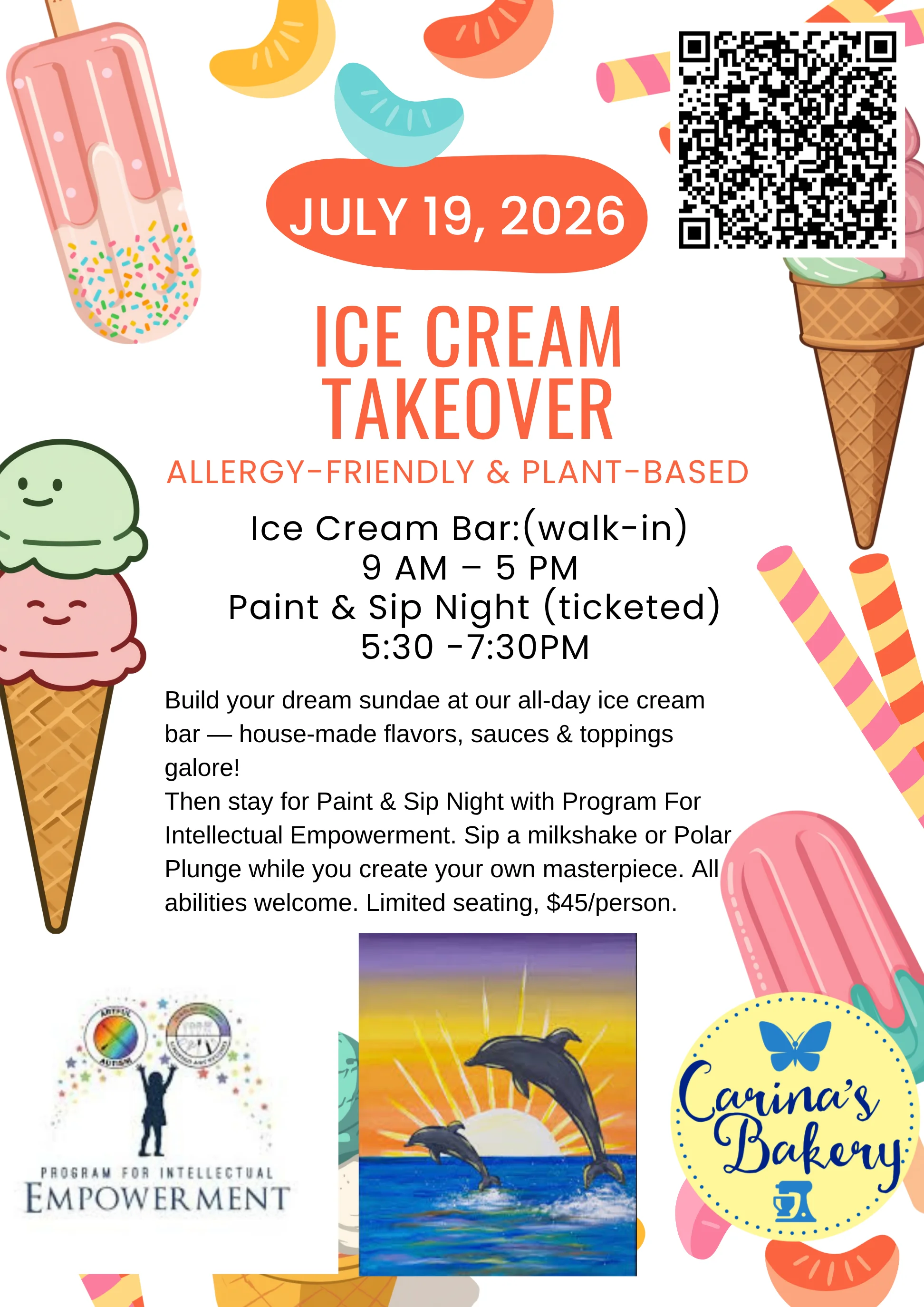 Colorful ice cream event flyer promoting allergy-friendly options