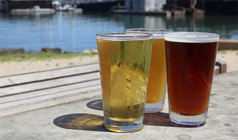 a variety of beer in glasses with the bay in the background