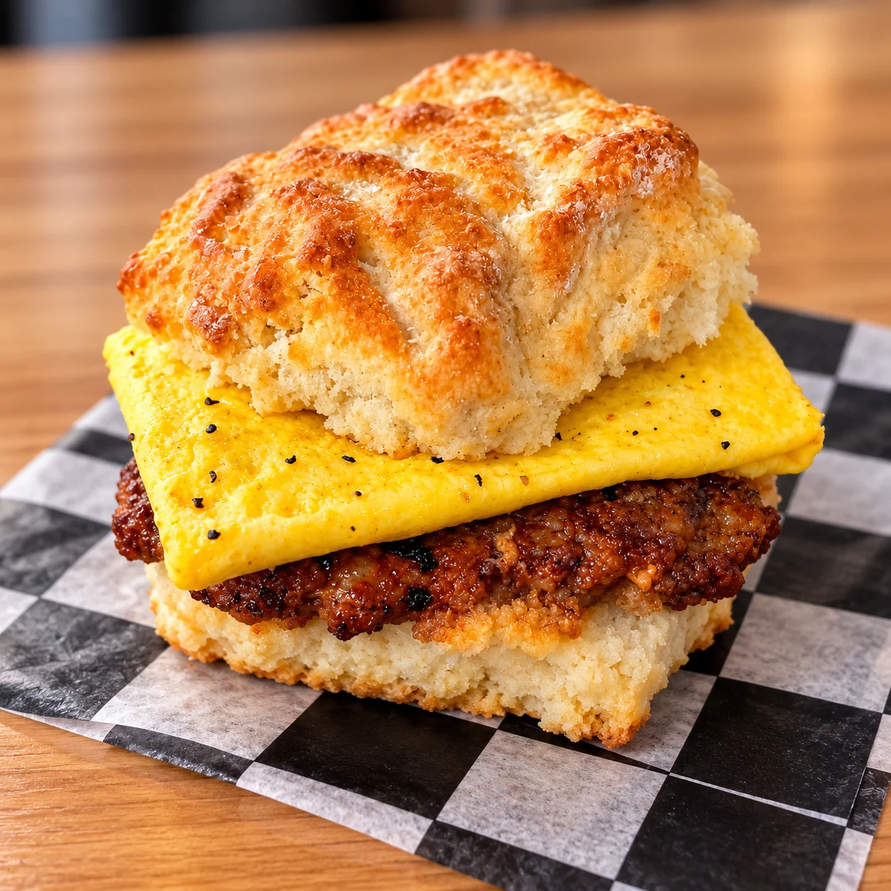 Southern fried chicken biscuit sandwich with folded egg