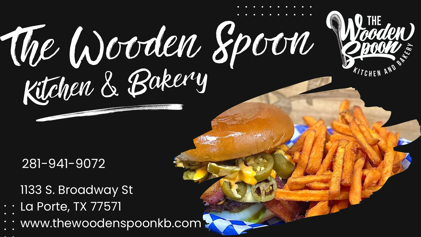 Juicy burger with sweet potato fries from a local kitchen and bakery