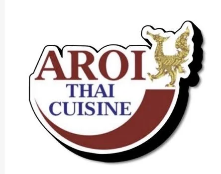 A logo for 'Aroi Thai Cuisine,' featuring stylized text and a golden decorative element.