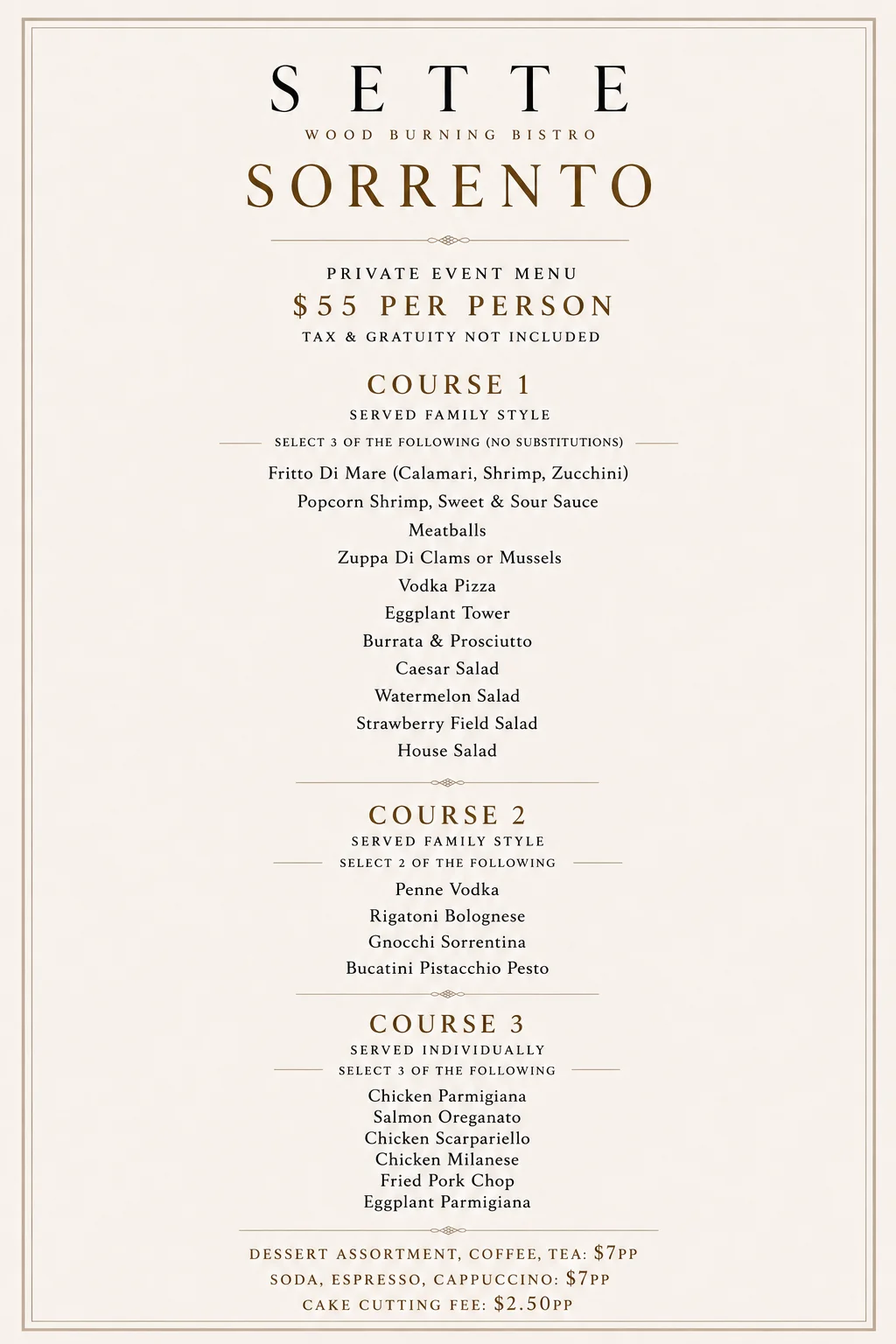 Private event menu featuring a variety of gourmet dishes.