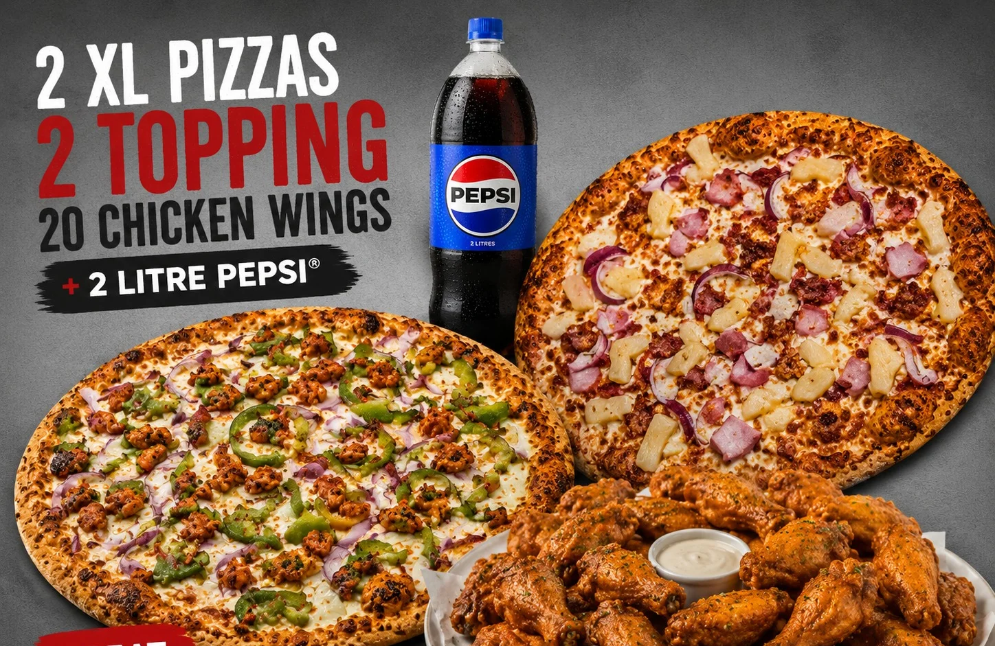 Two XL pizzas with chicken wings and a 2-liter Pepsi