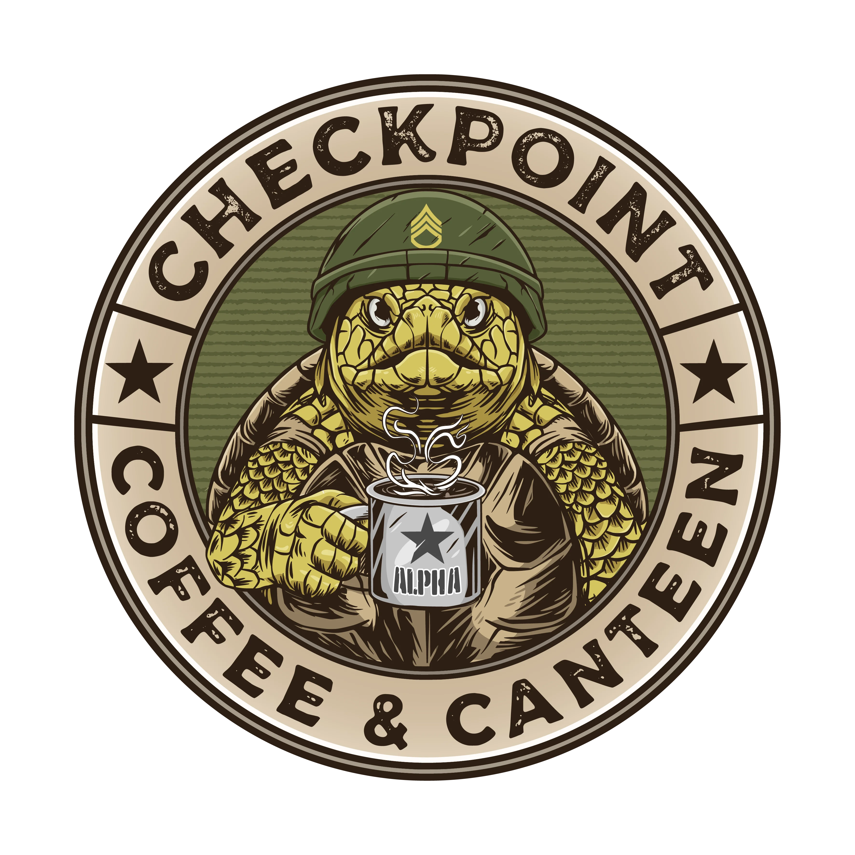 Logo of Checkpoint Coffee & Canteen featuring a turtle in military gear