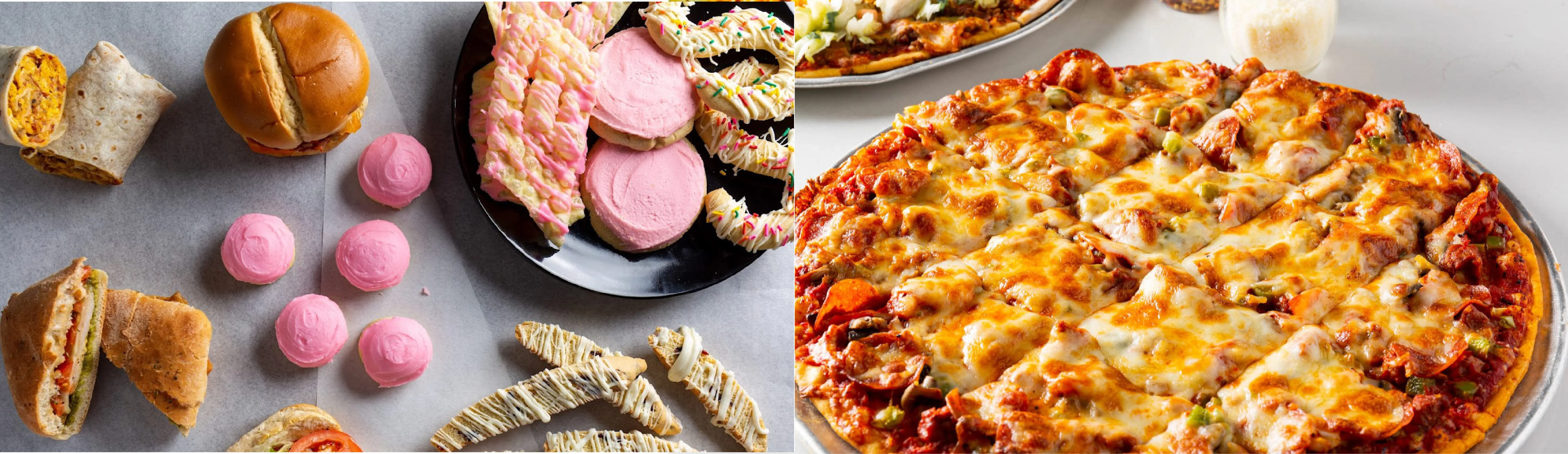 Assorted American comfort food including pizza and cookies