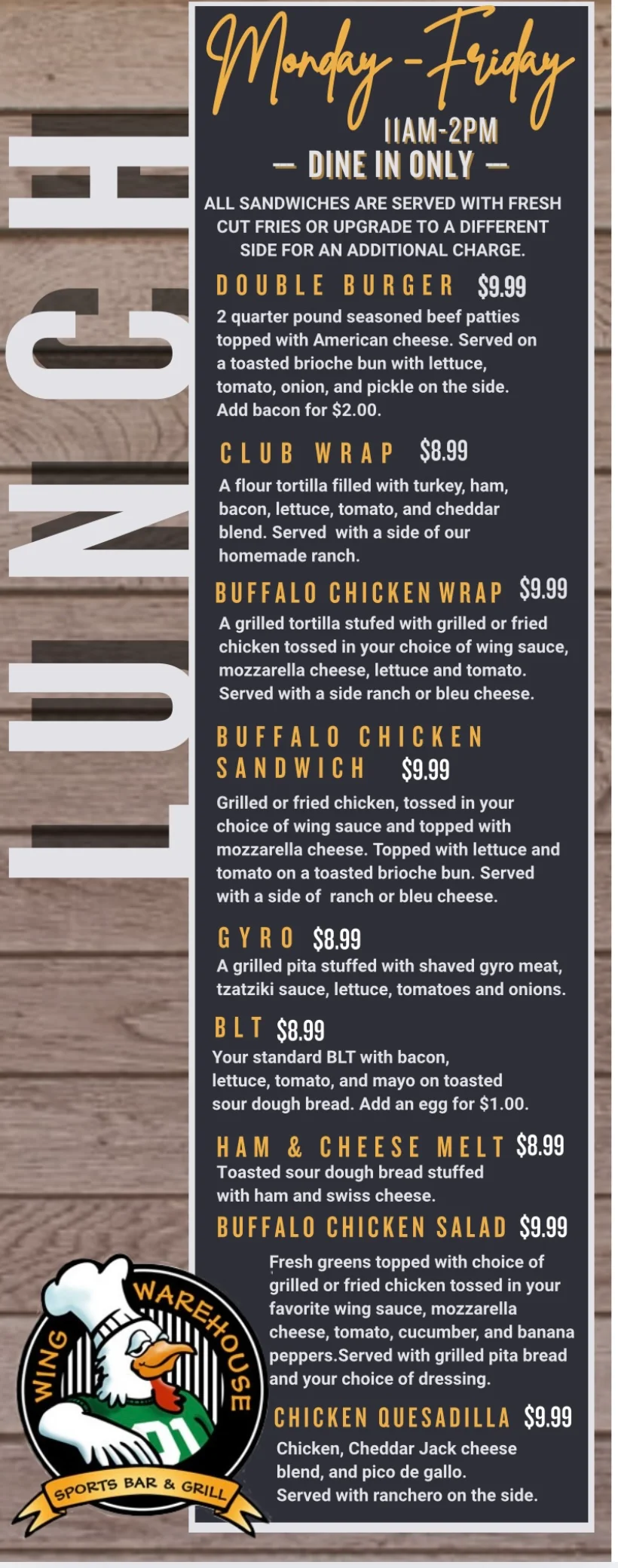 Lunch menu featuring various sandwiches and wraps