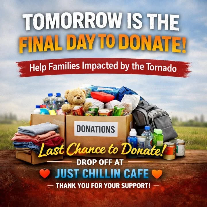 A colorful donation drive poster promoting final day donations to assist tornado-affected families, featuring images of essential items in boxes.