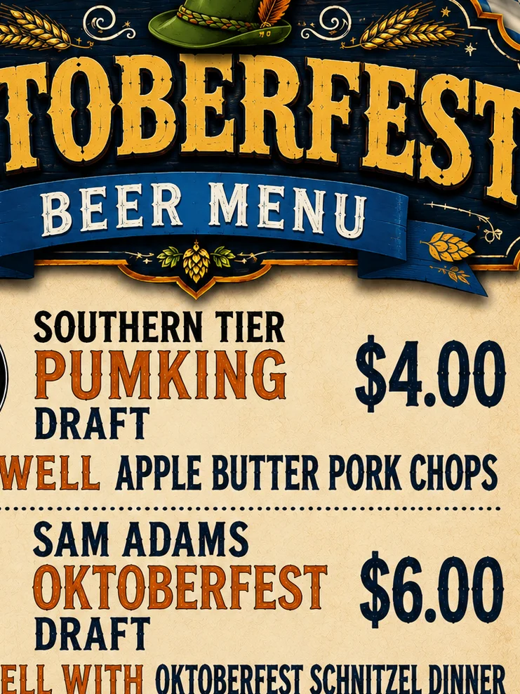 Oktoberfest beer menu featuring Southern Tier and Sam Adams selections