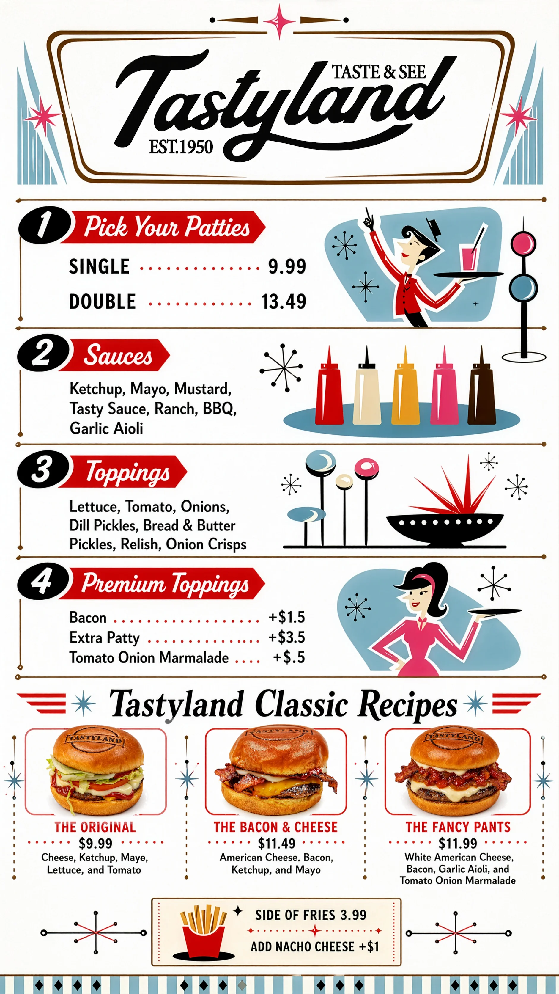 Classic American burger menu with toppings and sauces