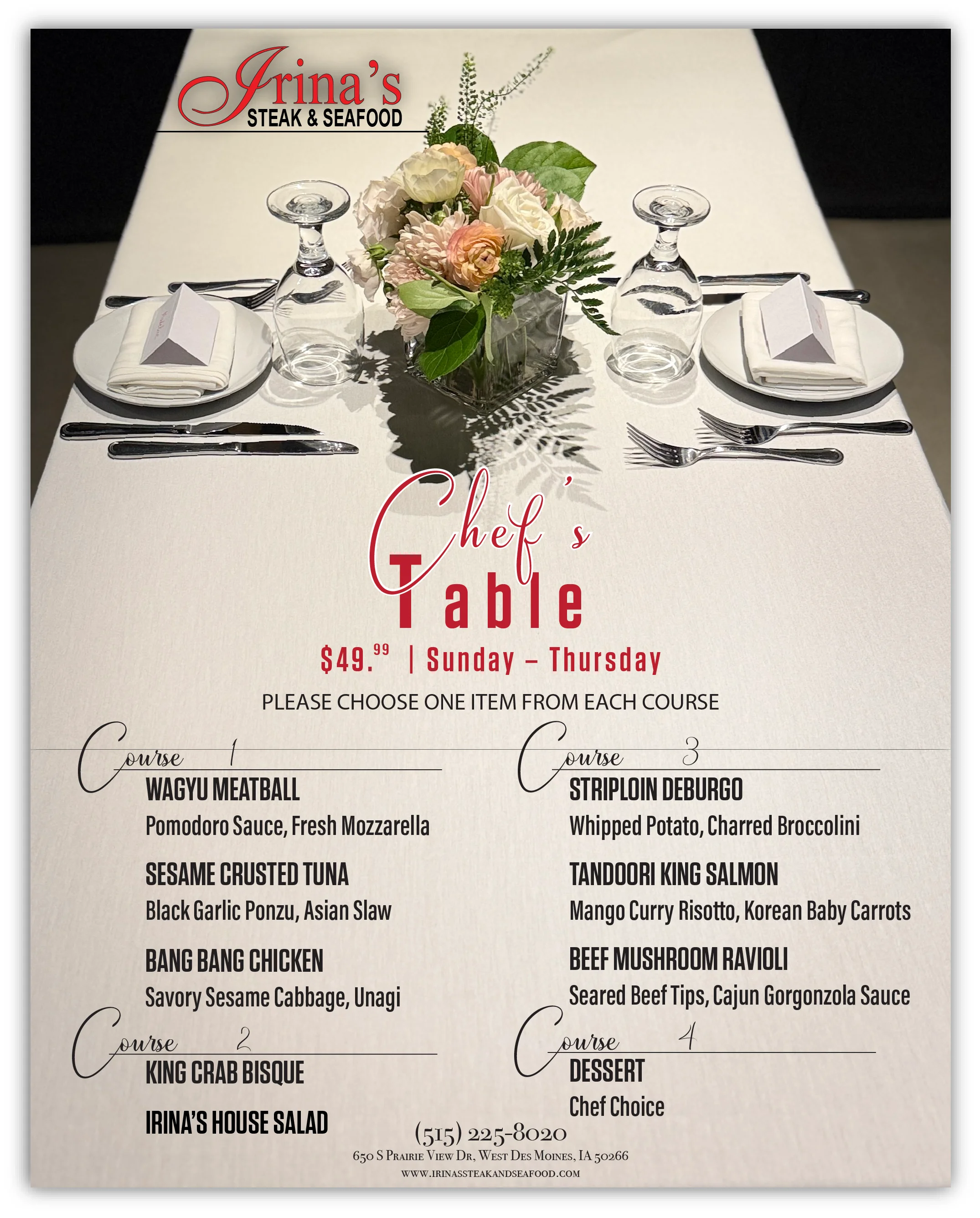 A beautifully arranged three-course meal featuring steak and seafood.