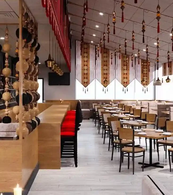 Modern restaurant interior with elegant decor and seating
