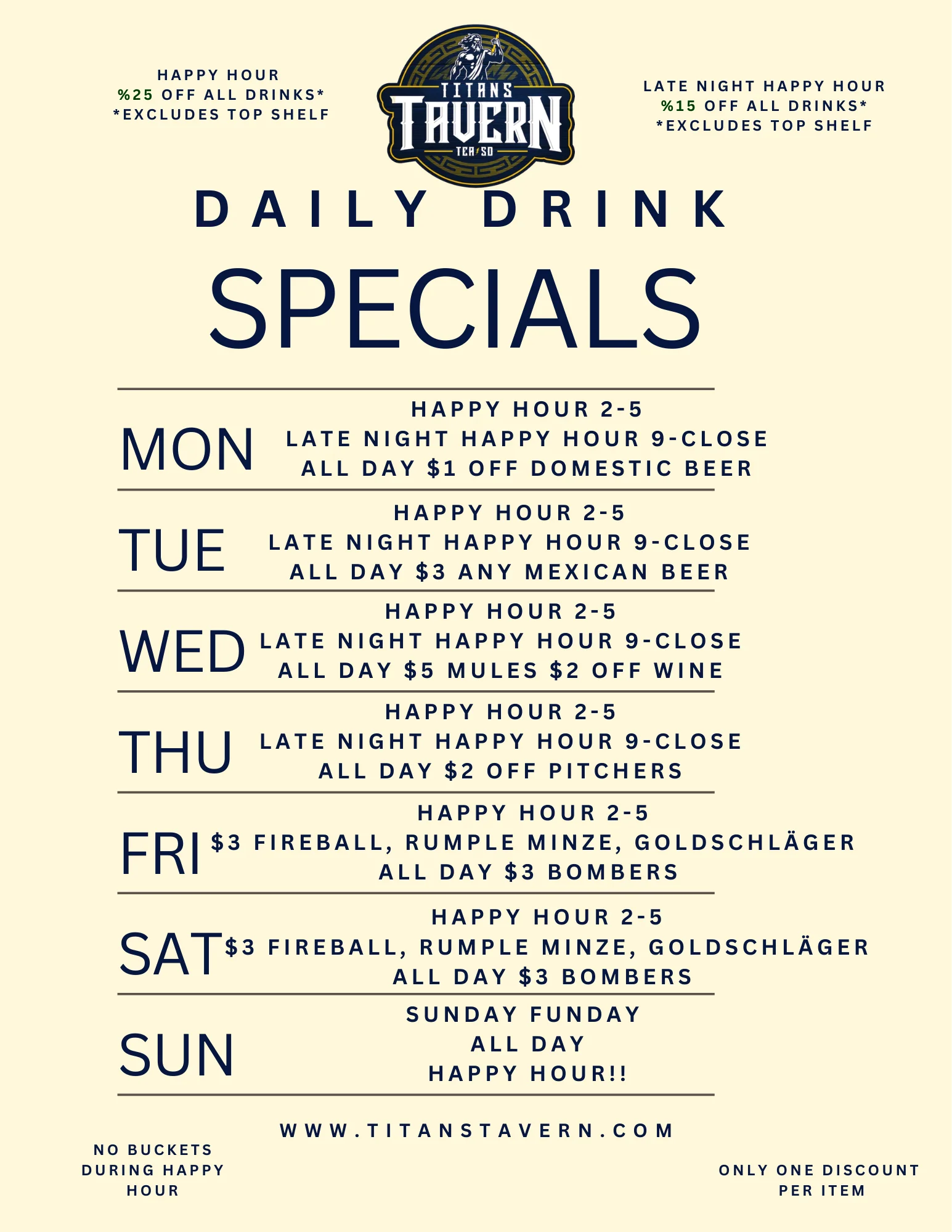 Daily drink specials menu at Titans Tavern