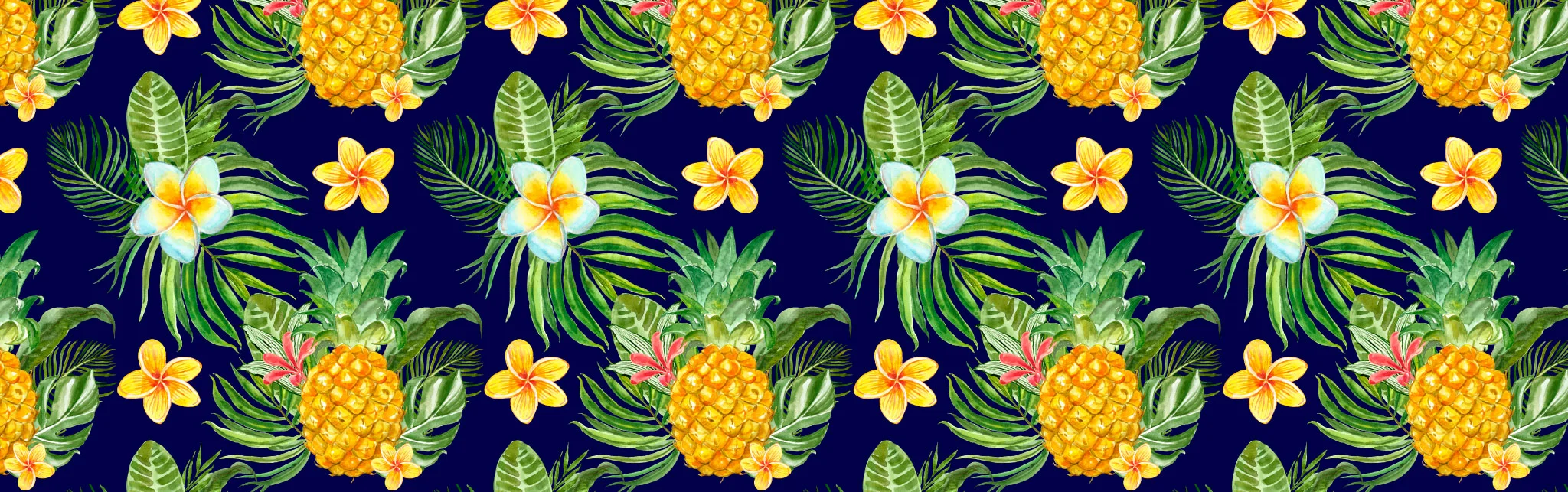 Tropical pattern featuring pineapples and flowers on a dark background