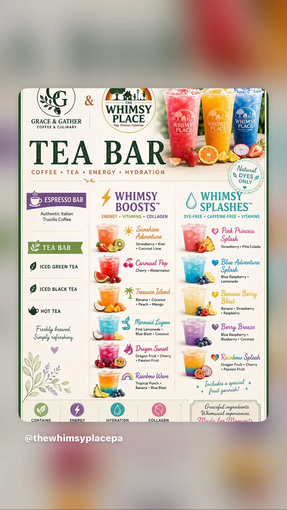 A colorful tea bar menu showcasing various drinks, including iced teas and unique flavor blends. The design includes playful and vibrant graphics.