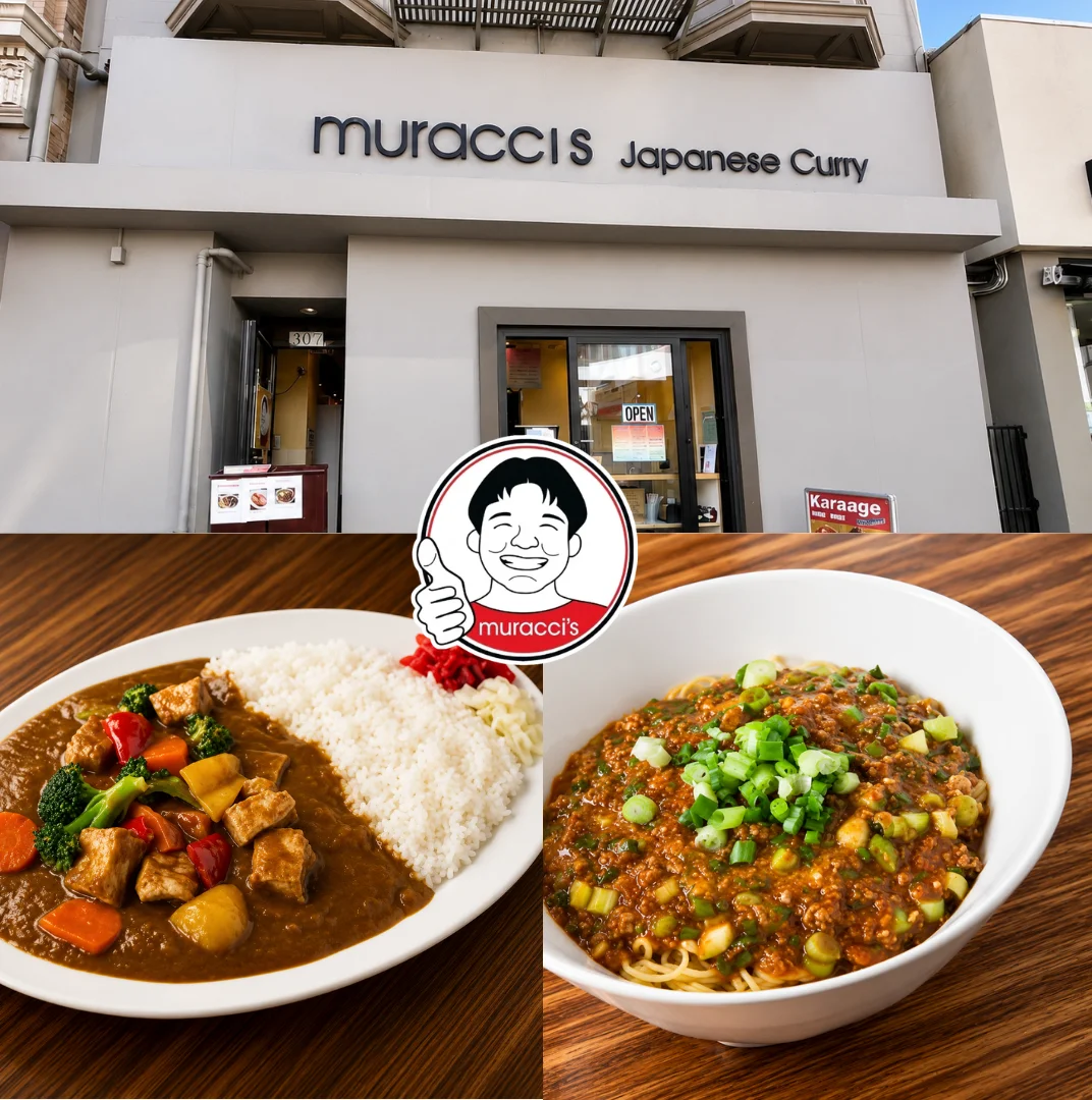 Collage showing the Muracci's Japanese Curry storefront above two Japanese dishes: a curry rice plate and a bowl of noodles topped with minced meat and green onions.