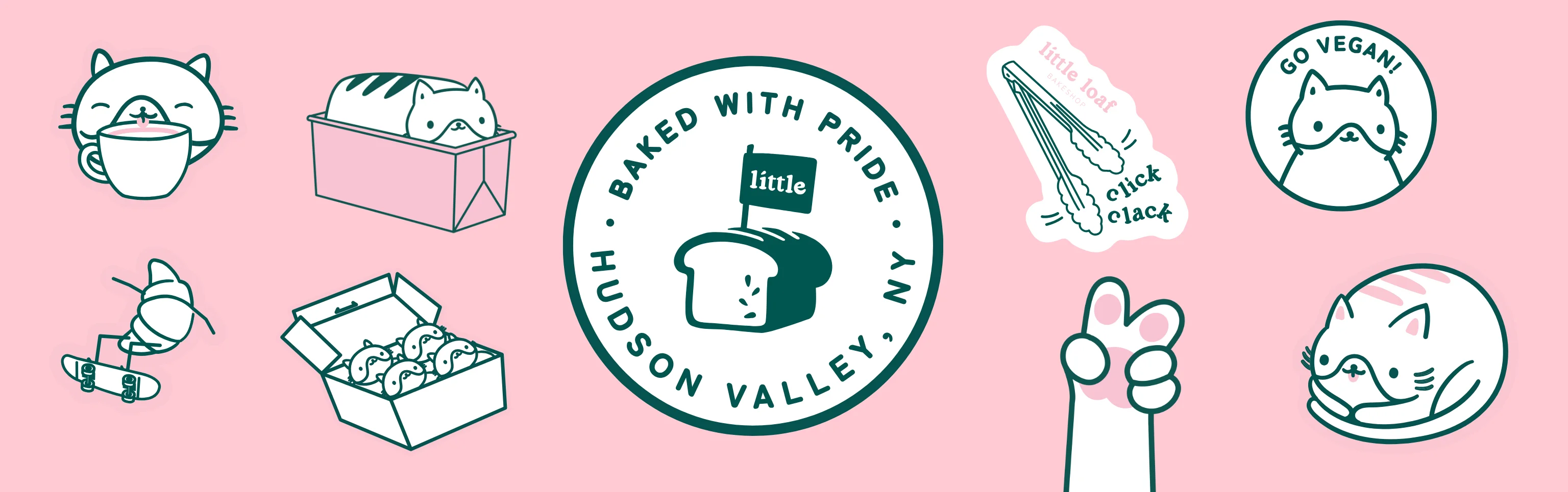 Playful bakery branding with cute cat illustrations and vegan themes