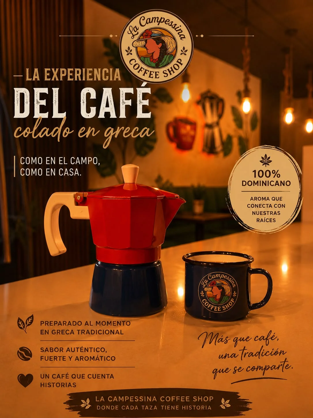 A traditional coffee preparation setup featuring a red and blue pot on a counter, alongside a rustic coffee mug. The ambiance evokes a sense of authenticity and connection to heritage.
