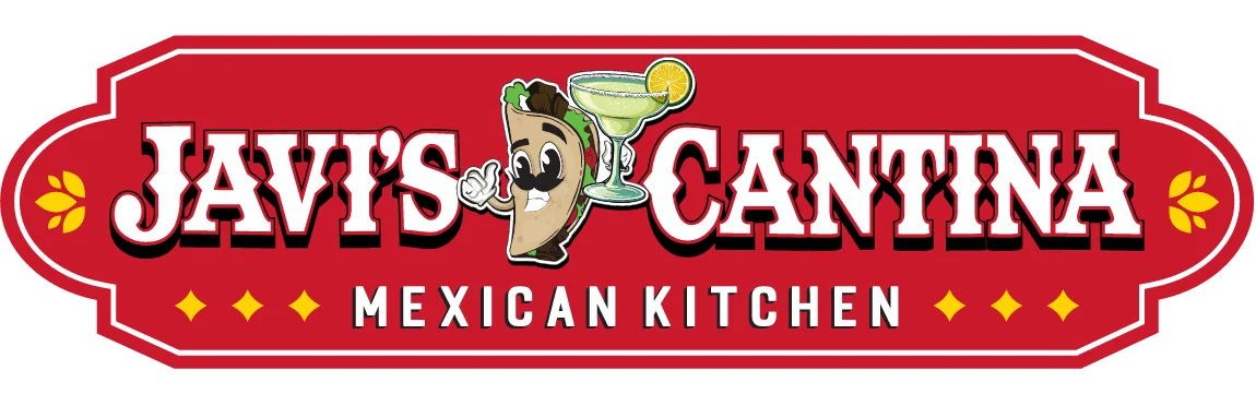 Colorful logo of Javi's Cantina Mexican Kitchen with playful taco character