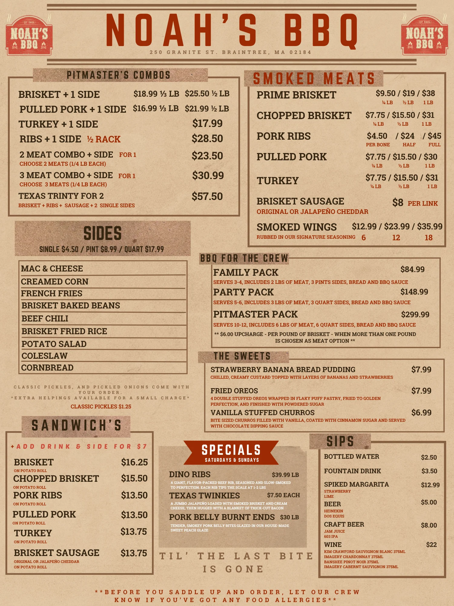 BBQ menu featuring smoked meats and Southern sides