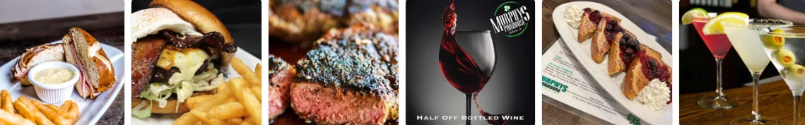 Assorted dishes including burgers, steak, and cocktails in a lively restaurant setting
