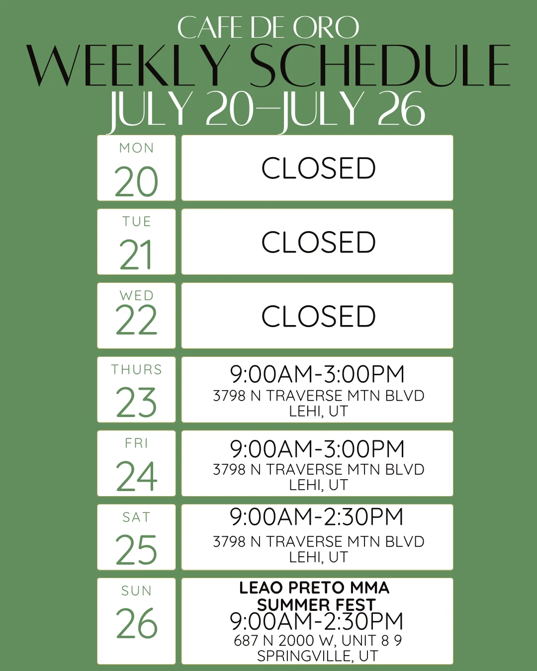 Weekly schedule for restaurant operations and staff shifts.