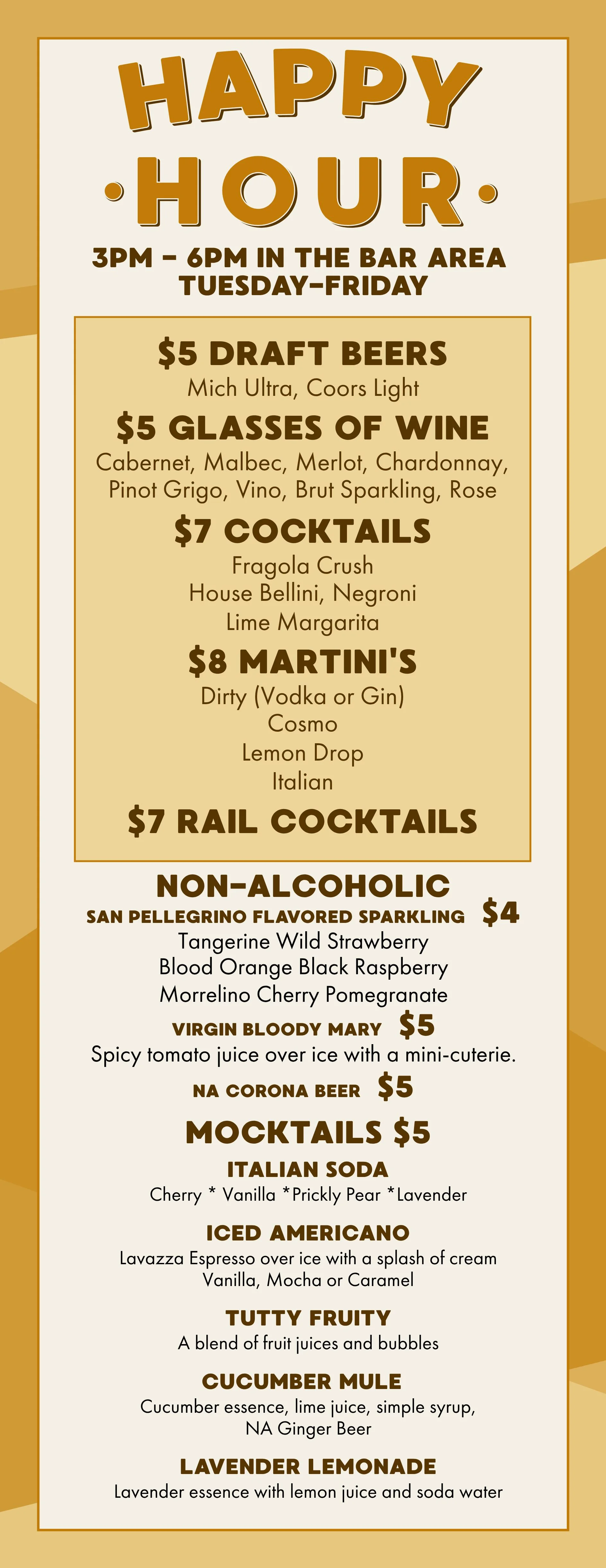 Happy hour drink menu featuring cocktails and mocktails