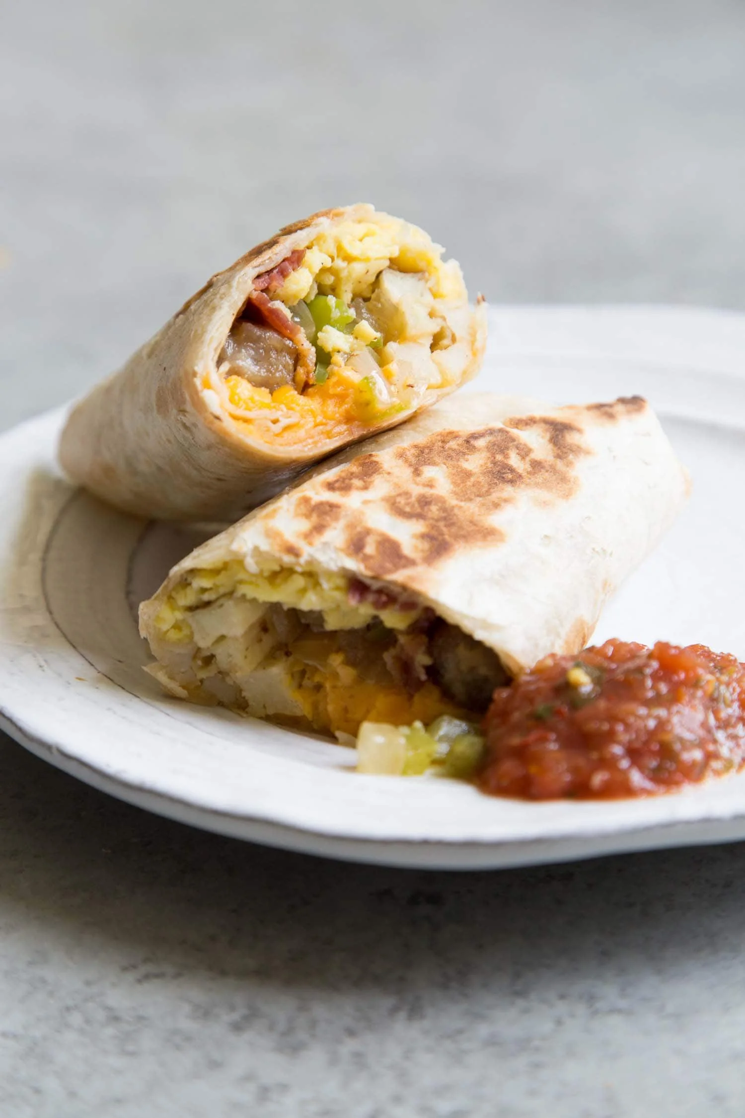 Breakfast burrito with eggs and salsa