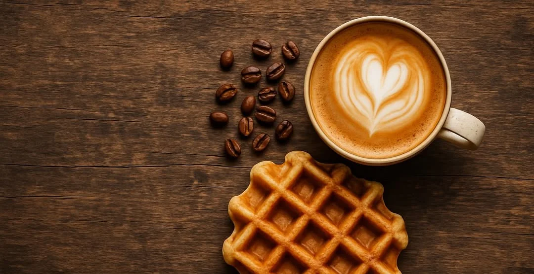 Freshly brewed latte with heart art and a golden waffle