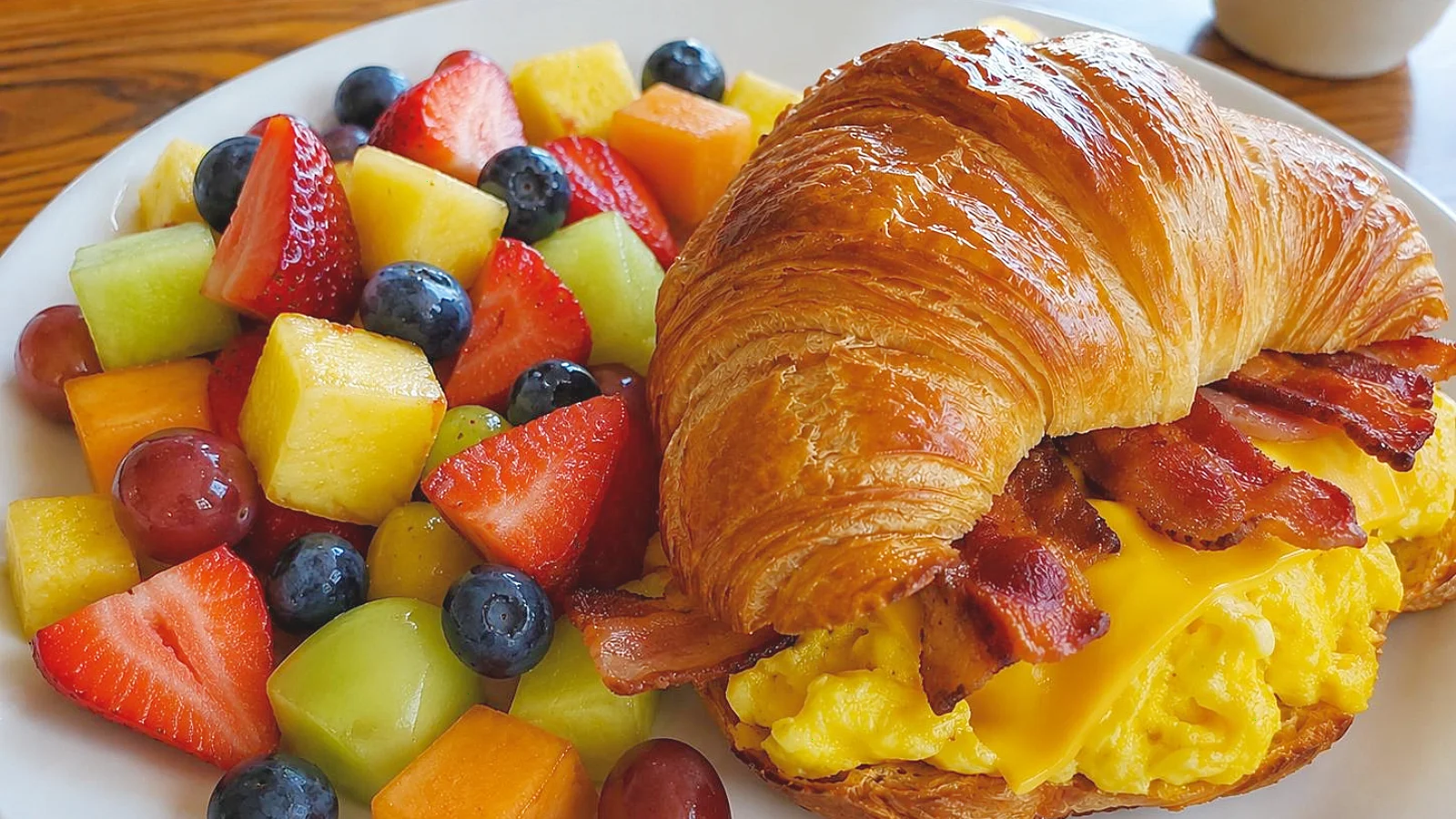 Post Oak Grill Downtown Houston croissant breakfast sandwich with scrambled eggs, cheese, and fresh seasonal fruit.