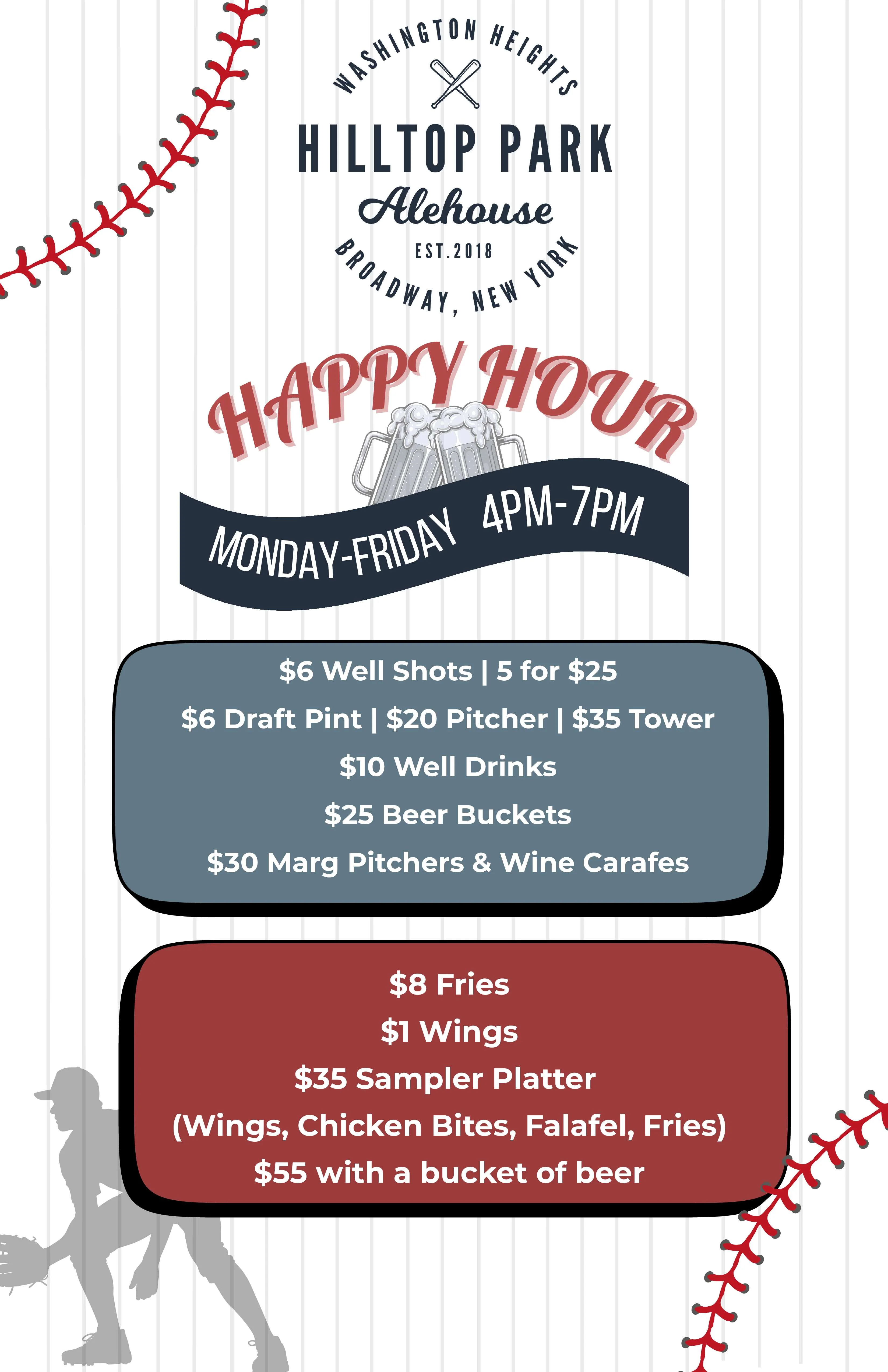 Happy hour menu at Hilltop Park Alehouse in Washington Heights, New York