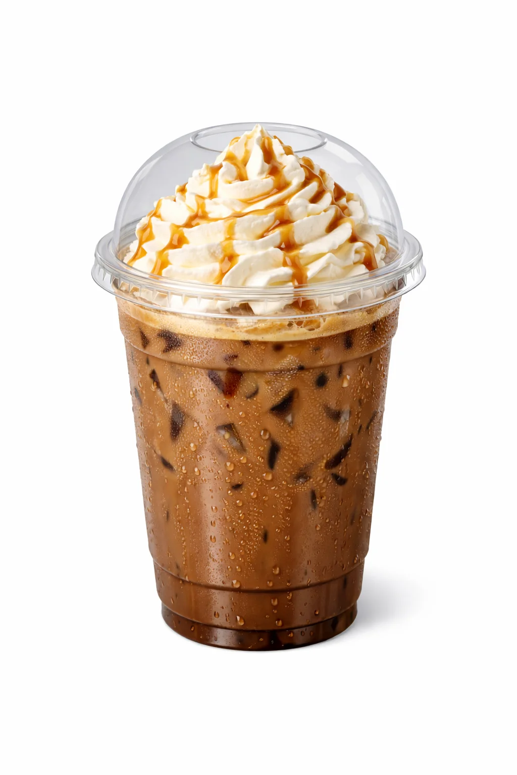 A chilled iced coffee drink topped with whipped cream and drizzled with caramel sauce. The beverage is served in a clear plastic cup.