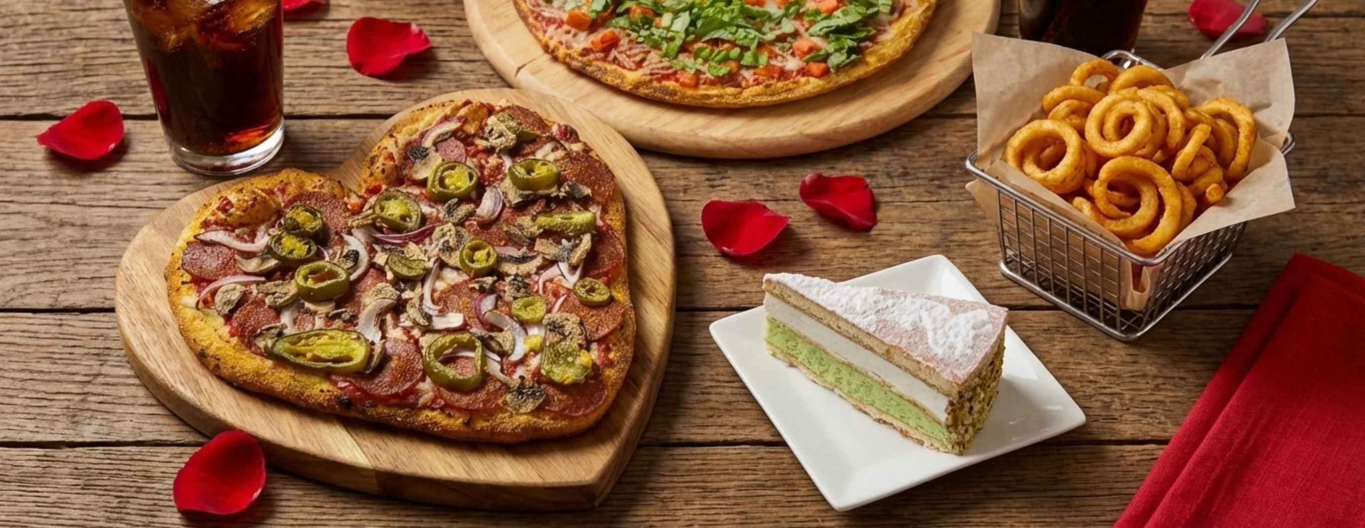 Heart-shaped pepperoni pizza with sides in a romantic setting