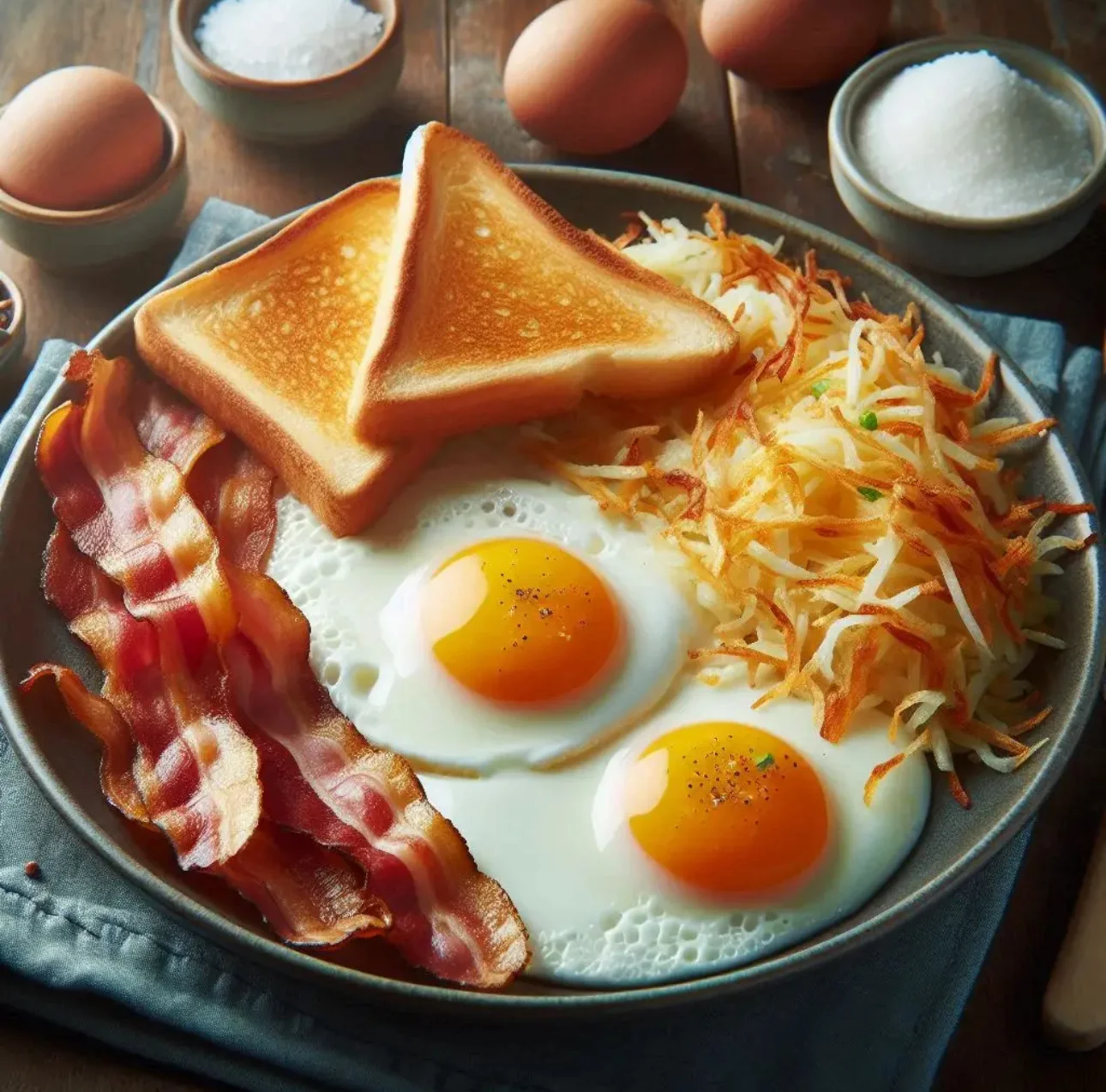 Classic American breakfast with eggs, bacon, and toast