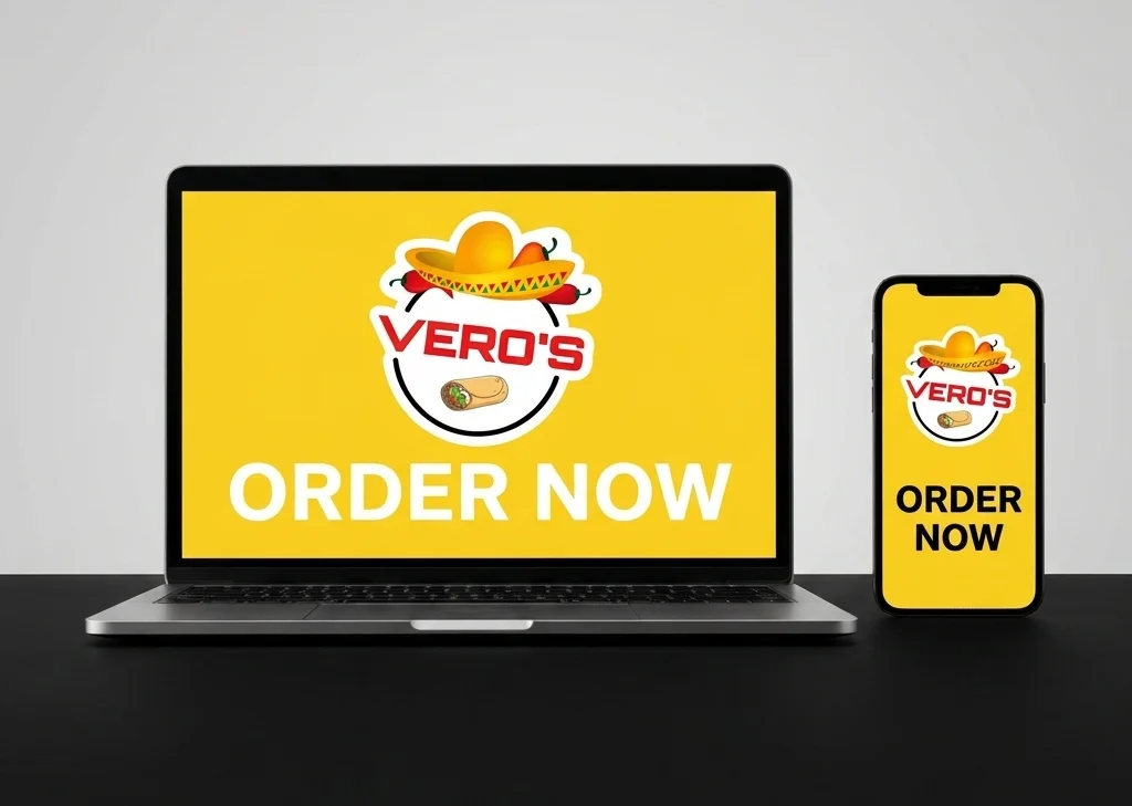 Vero's restaurant logo with 'Order Now' on digital devices