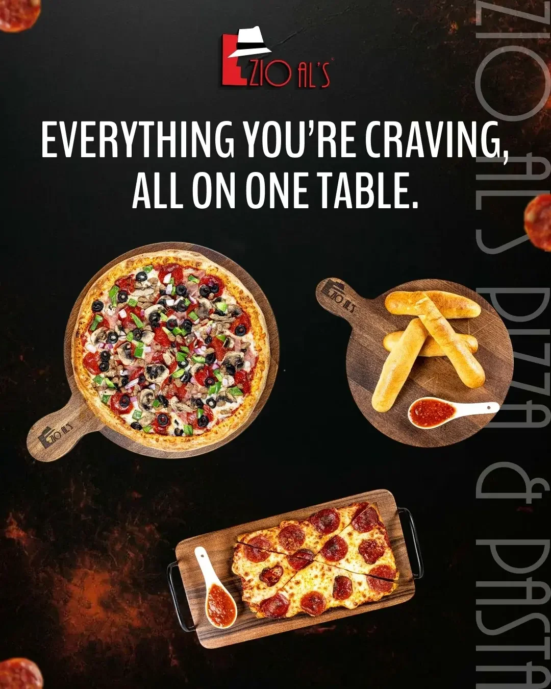 Delicious pepperoni pizza and breadsticks on a wooden table