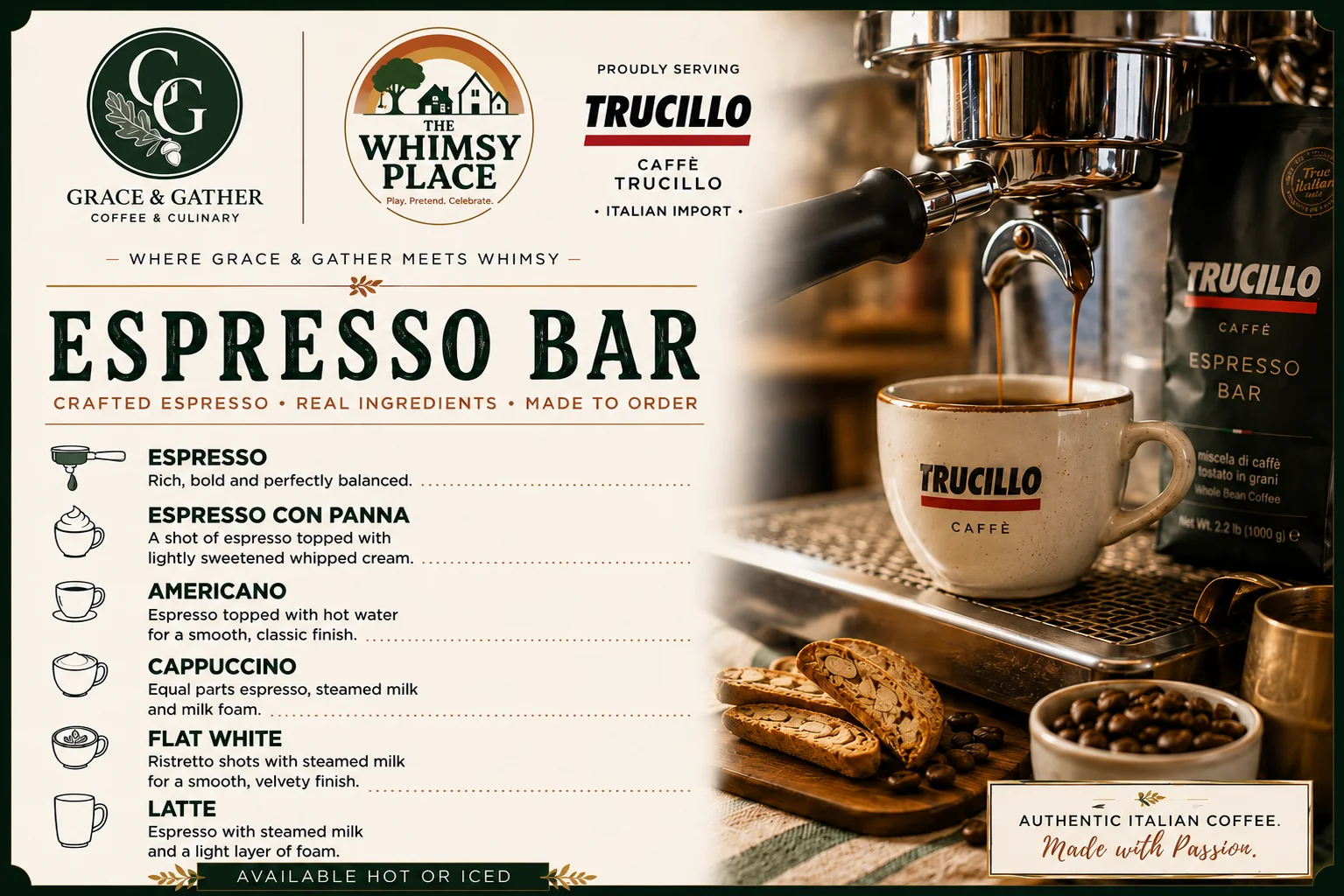 A menu for an espresso bar featuring various coffee drinks, including espresso, cappuccino, and more, accompanied by a visually appealing coffee setup.