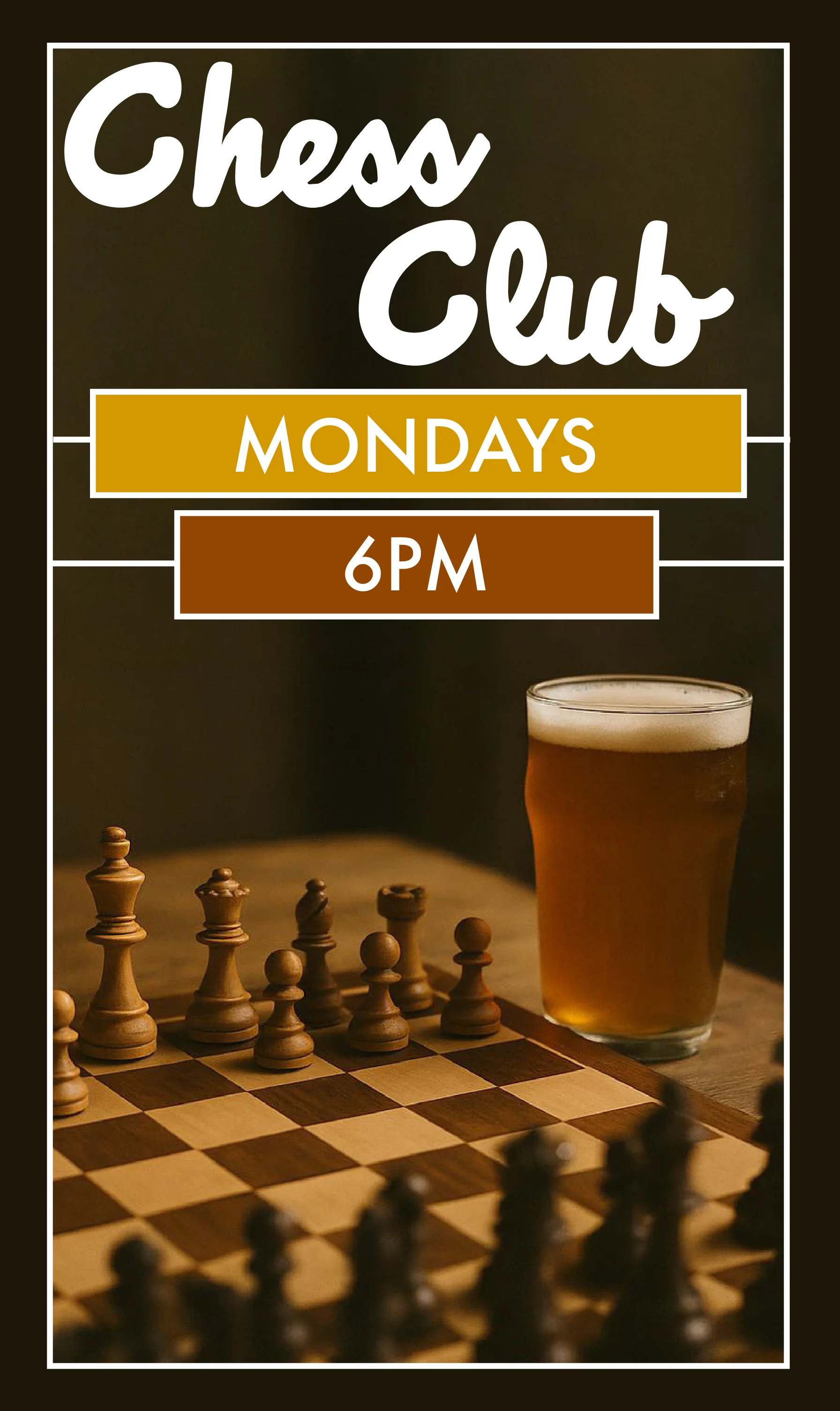 Chess club event with a beer and chess pieces on a wooden board