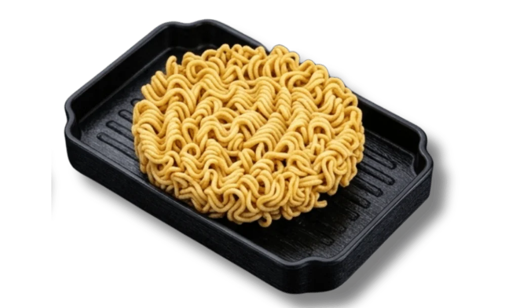 Raw instant noodles on a black grill tray.