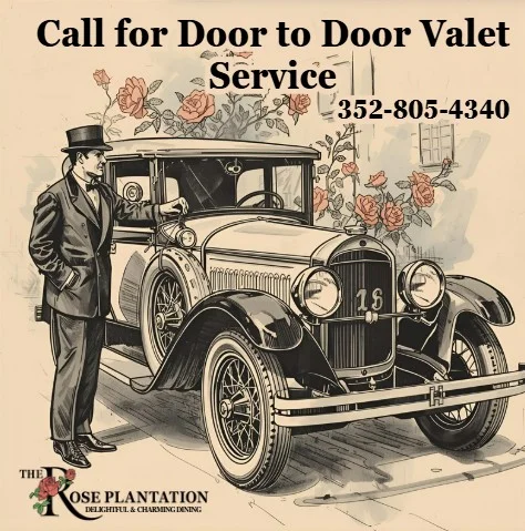 Valet service at a restaurant with parked cars and staff assisting guests.