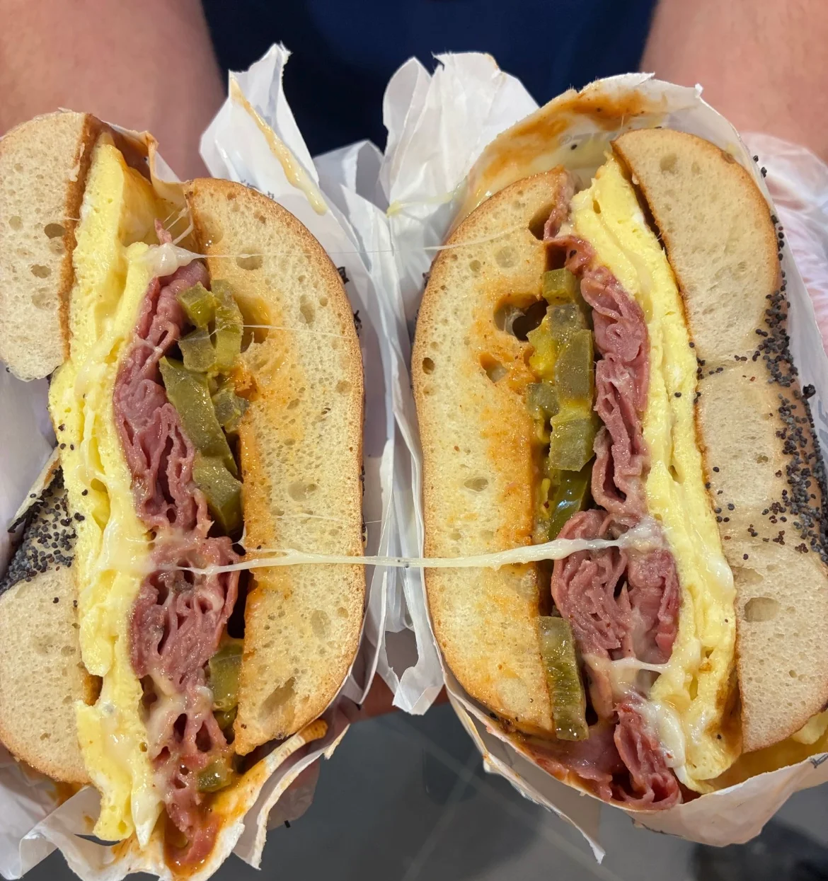 Classic New York deli sandwich with pastrami and egg